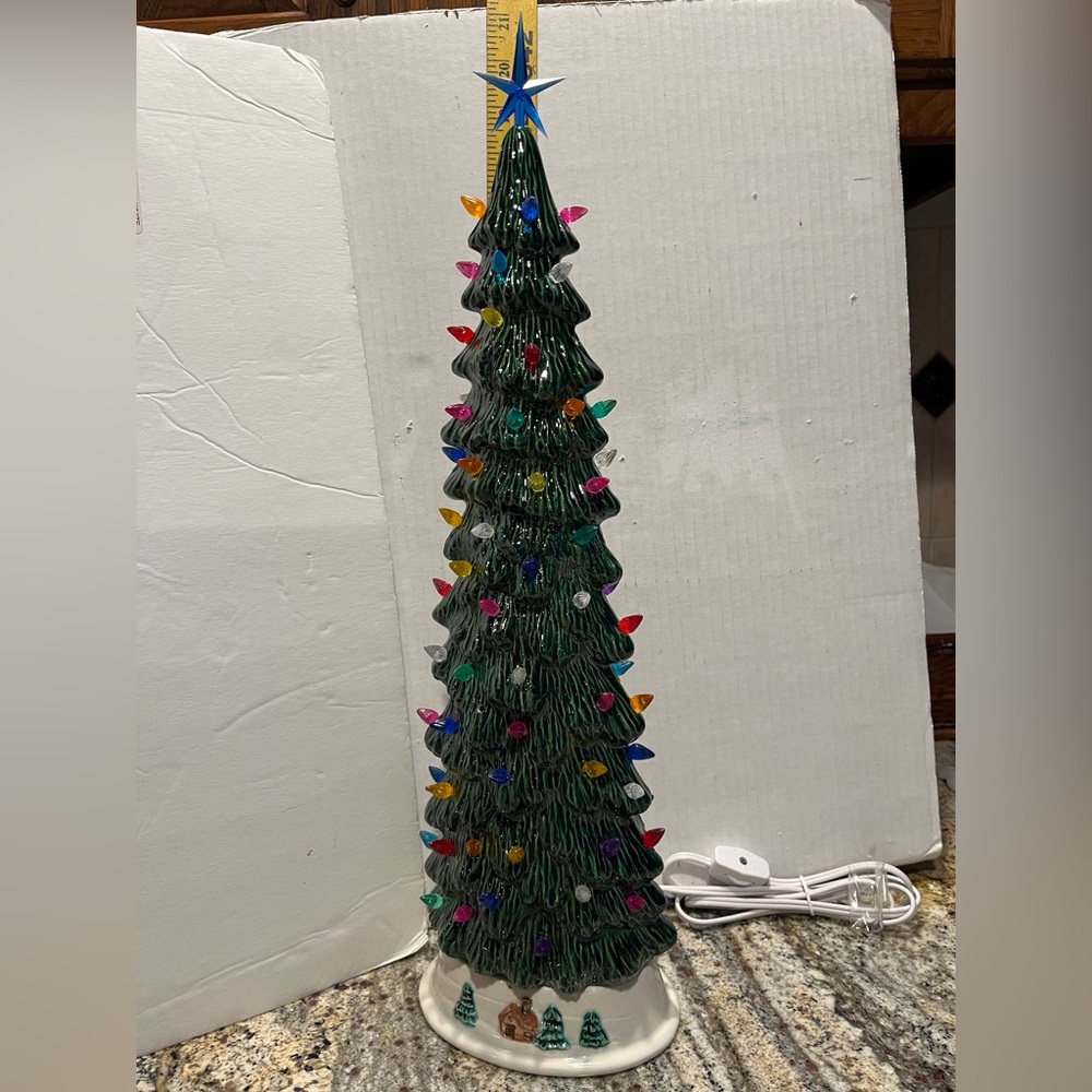 Tall green glazed Christmas tree . 21 in  led light up snap cord